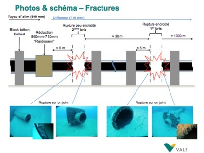 Deux fractures ont été constatées à la jonction entre le tuyau (émissaire) et son extrémité (diffuseur). Une fracture est très récente (rupture peu encroûtée), la seconde montre des organismes marins dont la colonisation daterait de 1,5 à 3 mois (rupture encroûtée).