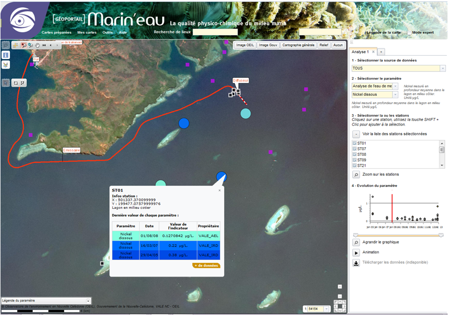 Survolez une station d'observation pour visualiser rapidement les derniers résultats relevés sur le paramètre sélectionné.